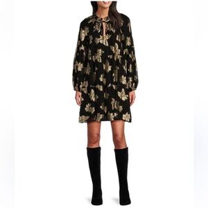 TOMMY BAHAMA Shimmering Shores Linen Dress In Black & Gold Metallic Full Sleeve